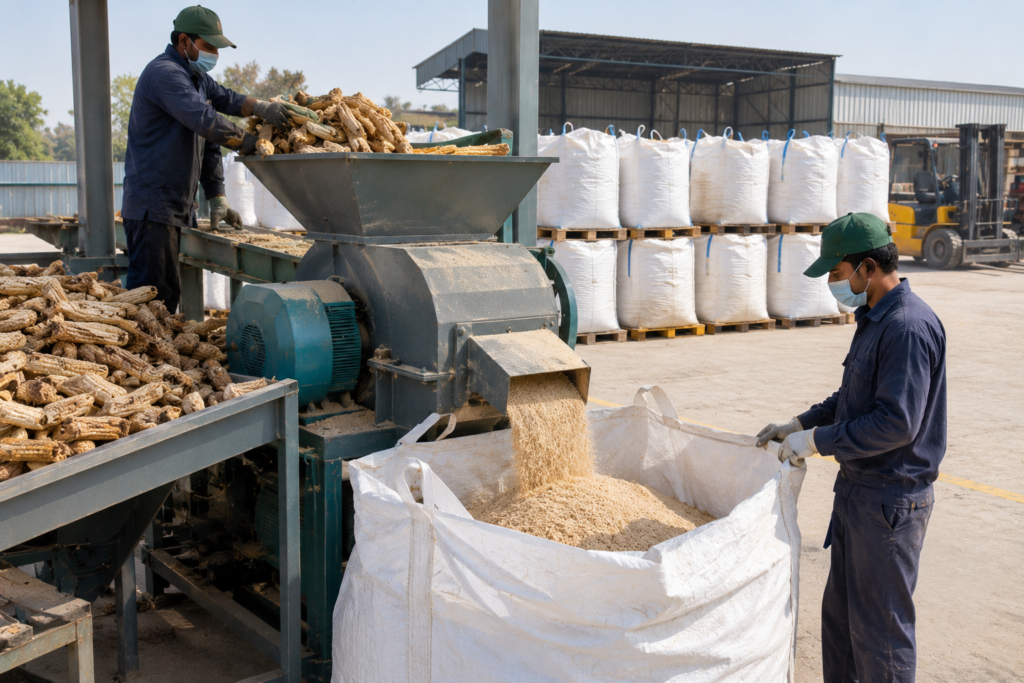 Processing and packing dried residues in jumbo bags, showing agricultural biomass in Pakistan prepared for export