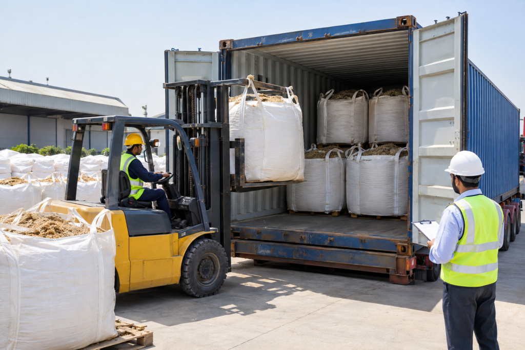 Containerized loading of jumbo bags of dried agricultural residue for biomass export from Pakistan