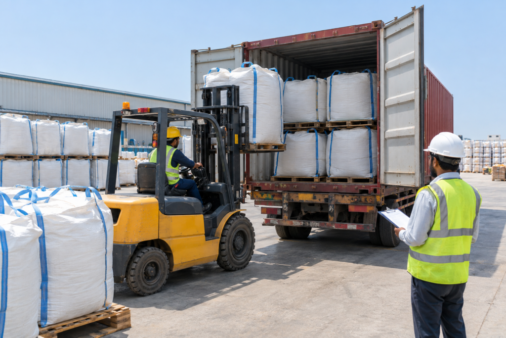 Container loading of bulk corn cob meal in jumbo bags for export from Pakistan to international buyers