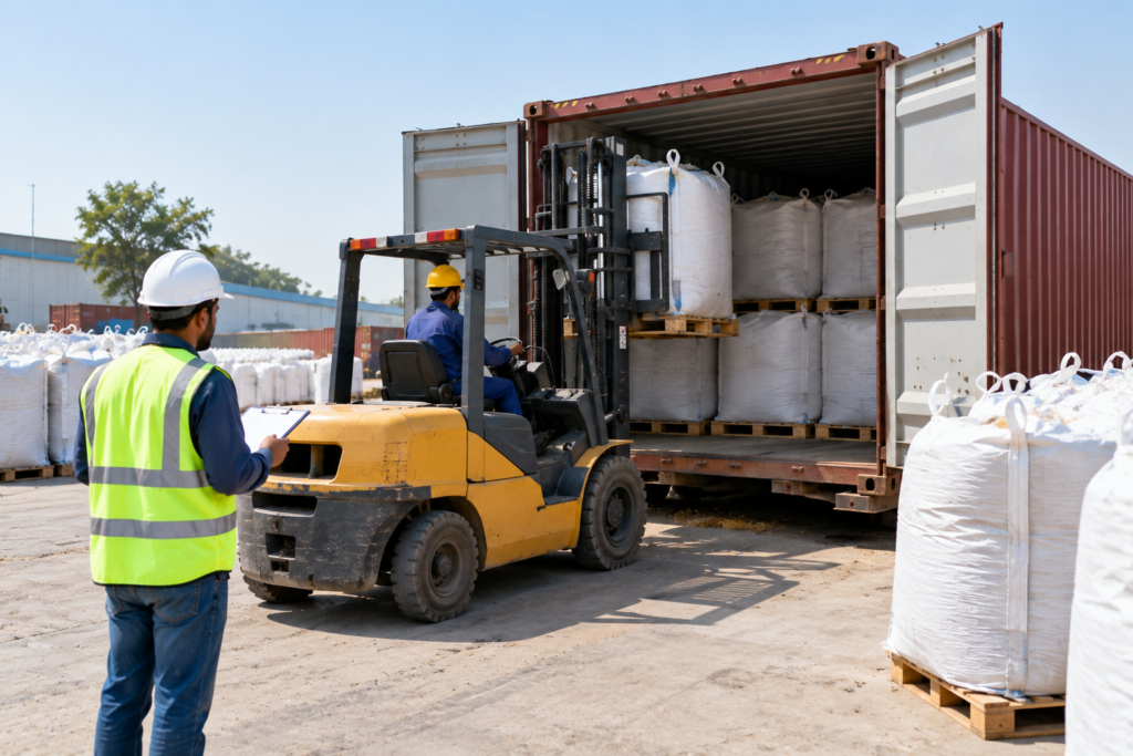 Container loading of processed agricultural residue in jumbo bags, relevant to biomass fuel export from Pakistan