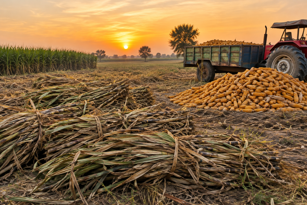Sugarcane tops and maize cobs collected in Punjab as feedstock for biomass export from Pakistan