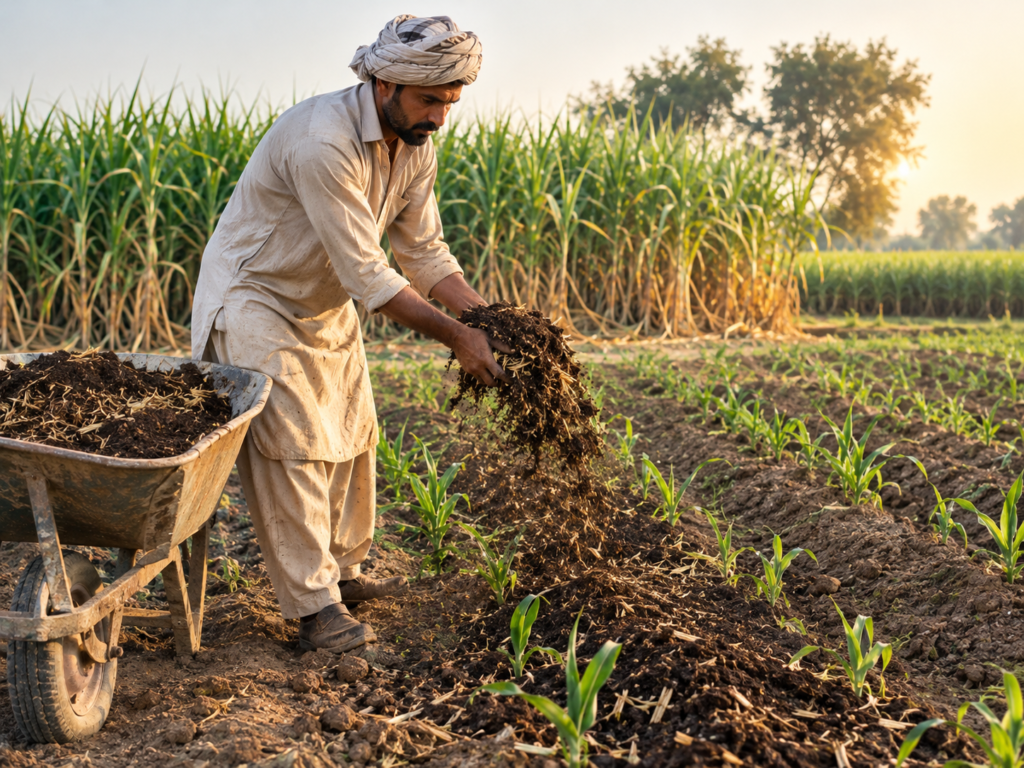 Compost made with sugarcane residues applied to farmland, showing a use for sugarcane residues in Pakistan