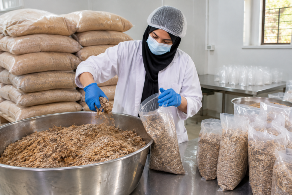 Technician preparing a corn cob mushroom substrate mix with bran before bagging
