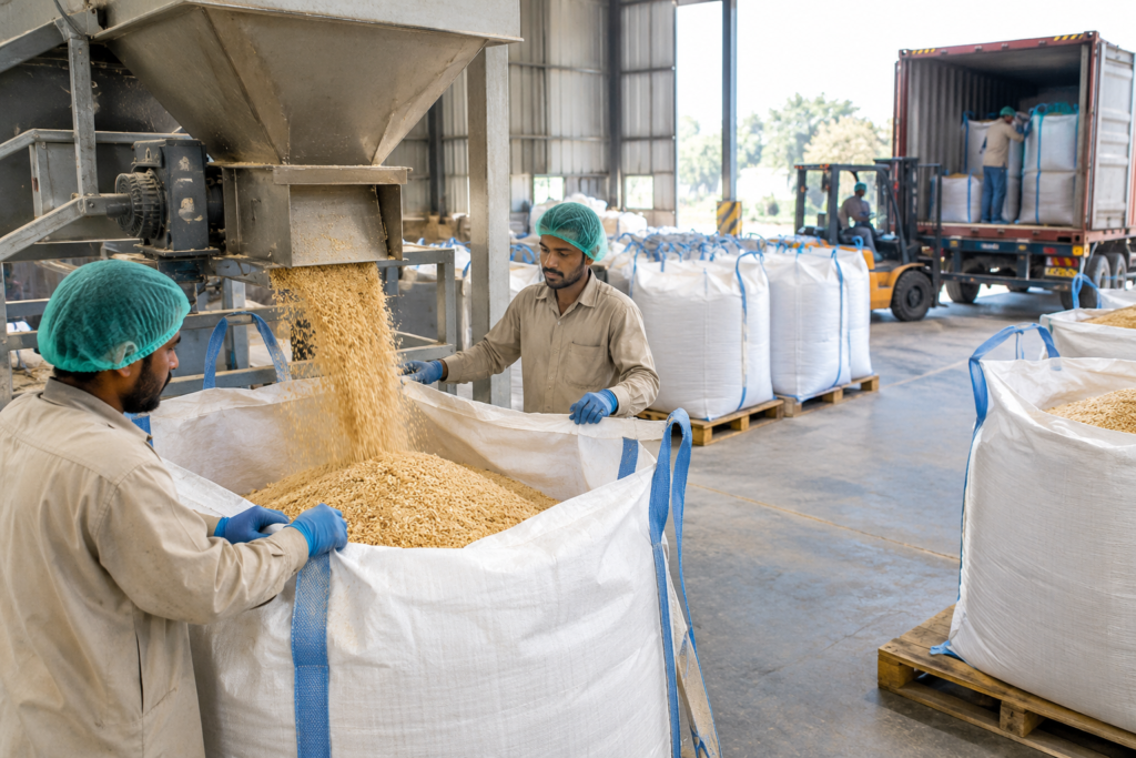 Workers packing corn cob meal into jumbo bags for container shipment, representing corn cob meal export from Pakistan