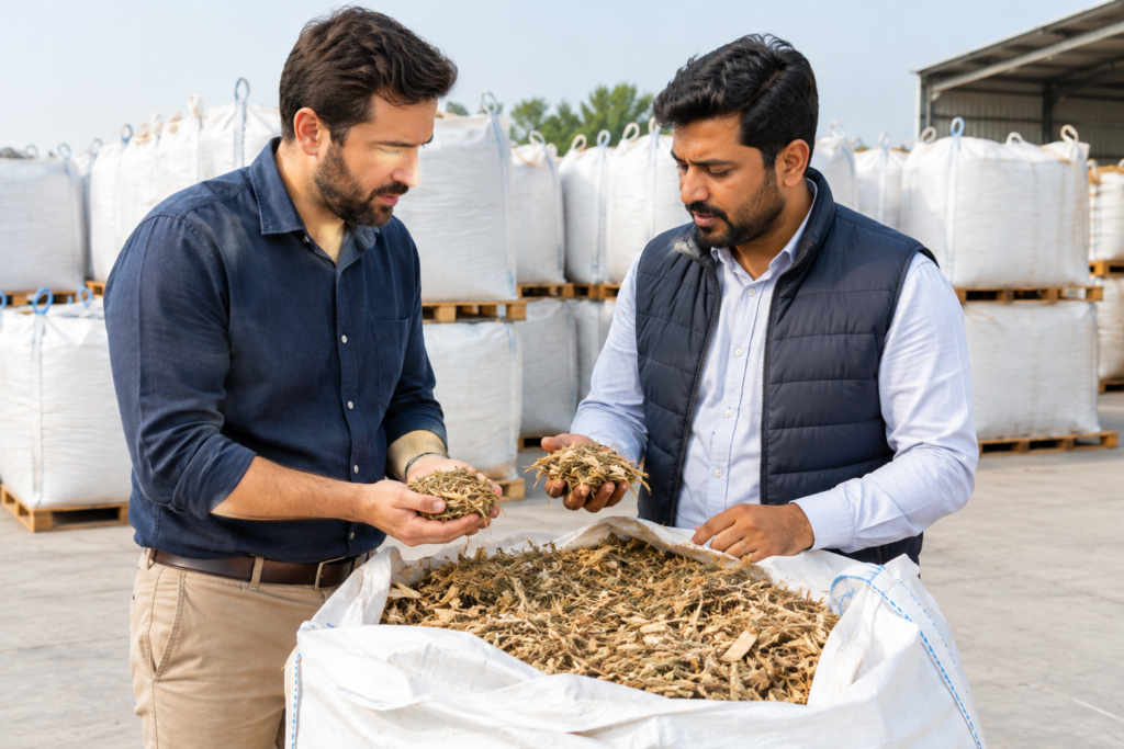 Buyer inspecting sample material from biomass suppliers in Pakistan before placing a bulk order