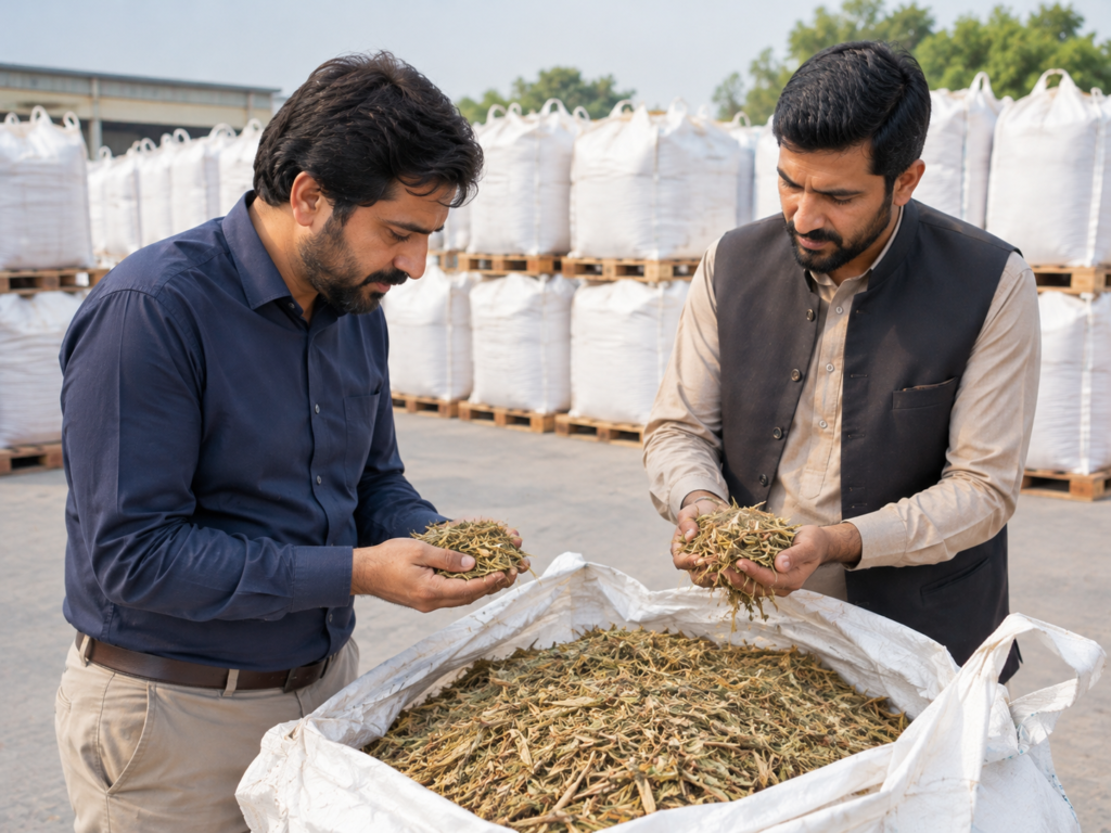 Buyer inspecting sample material from one of the sugarcane residues suppliers in Pakistan