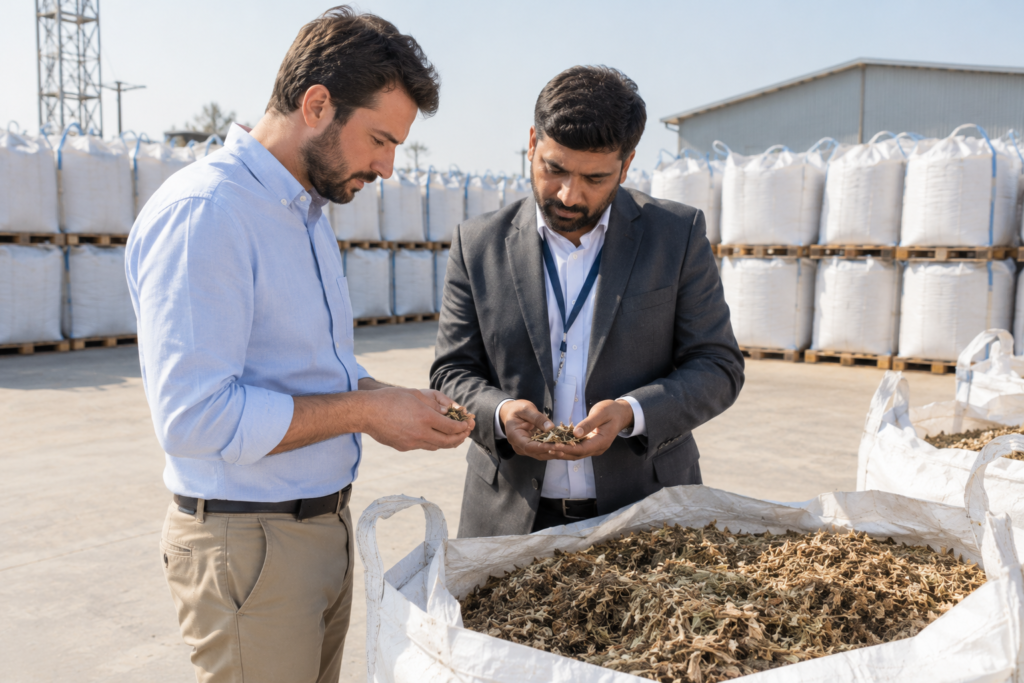 International buyer inspecting a sample from biomass suppliers in Pakistan during a sourcing visit