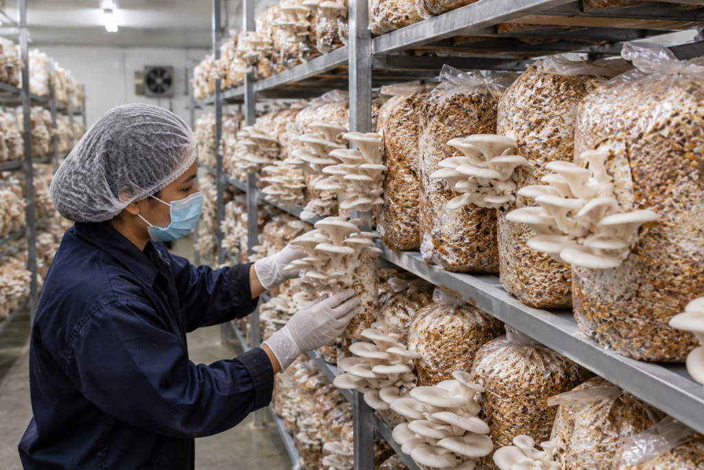 Oyster mushrooms fruiting from bags of corn cob mushroom substrate in a growing room