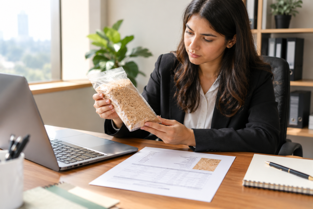 Buyer reviewing a corn cob meal sample and specification before deciding to buy corn cob meal from Pakistan