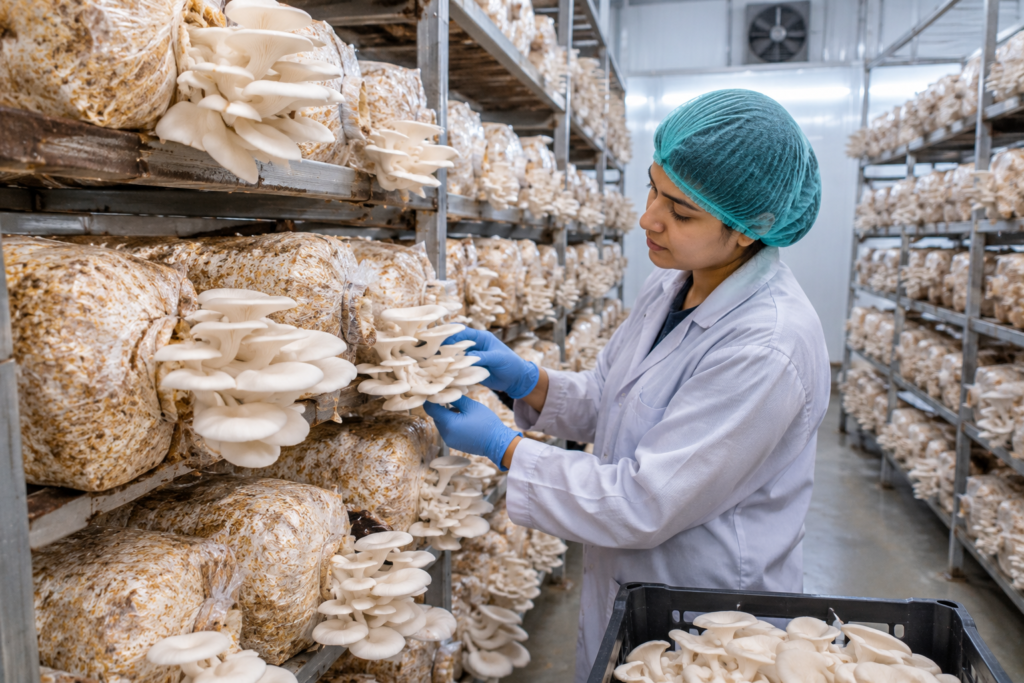 Oyster mushrooms growing on a corn cob substrate, one of the main uses of corn cob meal from Pakistan