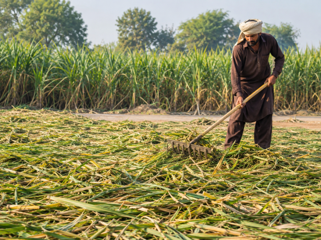 Sugarcane tops drying in the sun before processing for sugarcane residues export from Pakistan