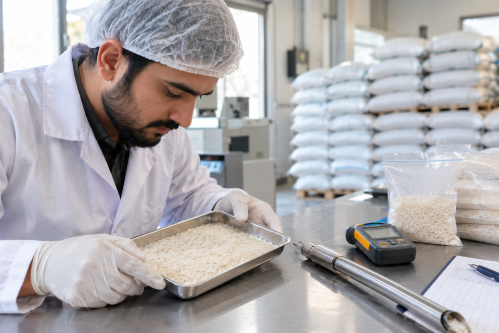 Quality inspector checking long-grain basmati samples before rice export from Pakistan