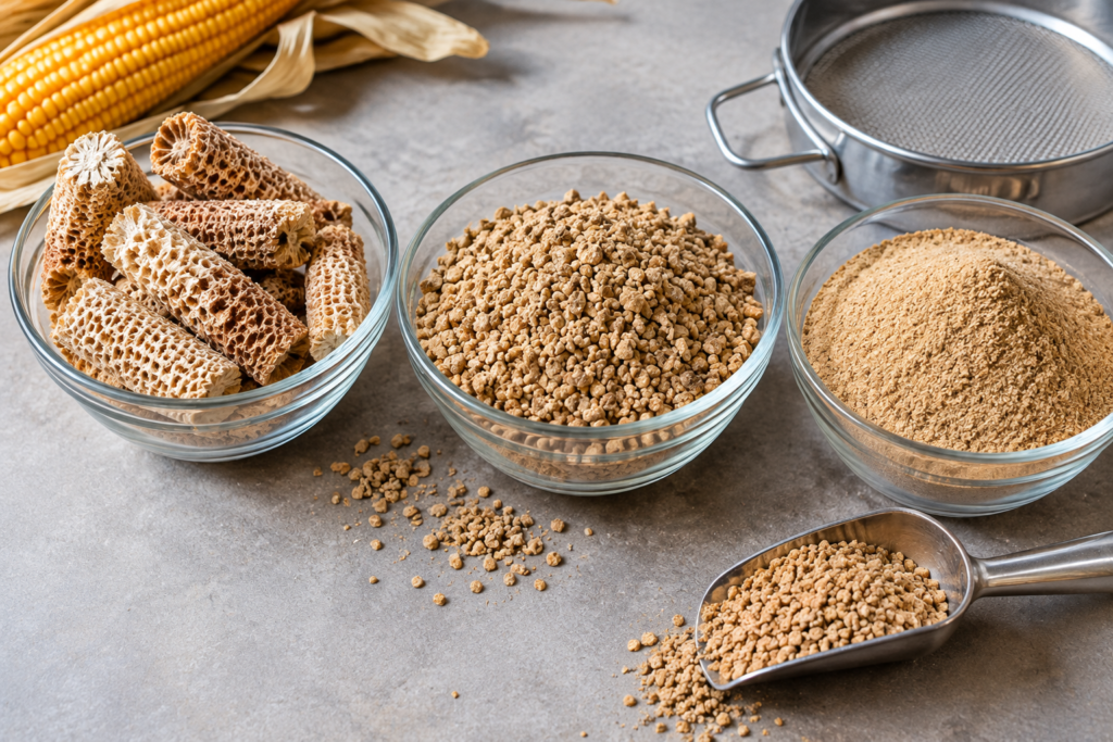 Whole corn cob pieces, corn cob granules from Pakistan and finer corn cob meal compared side by side
