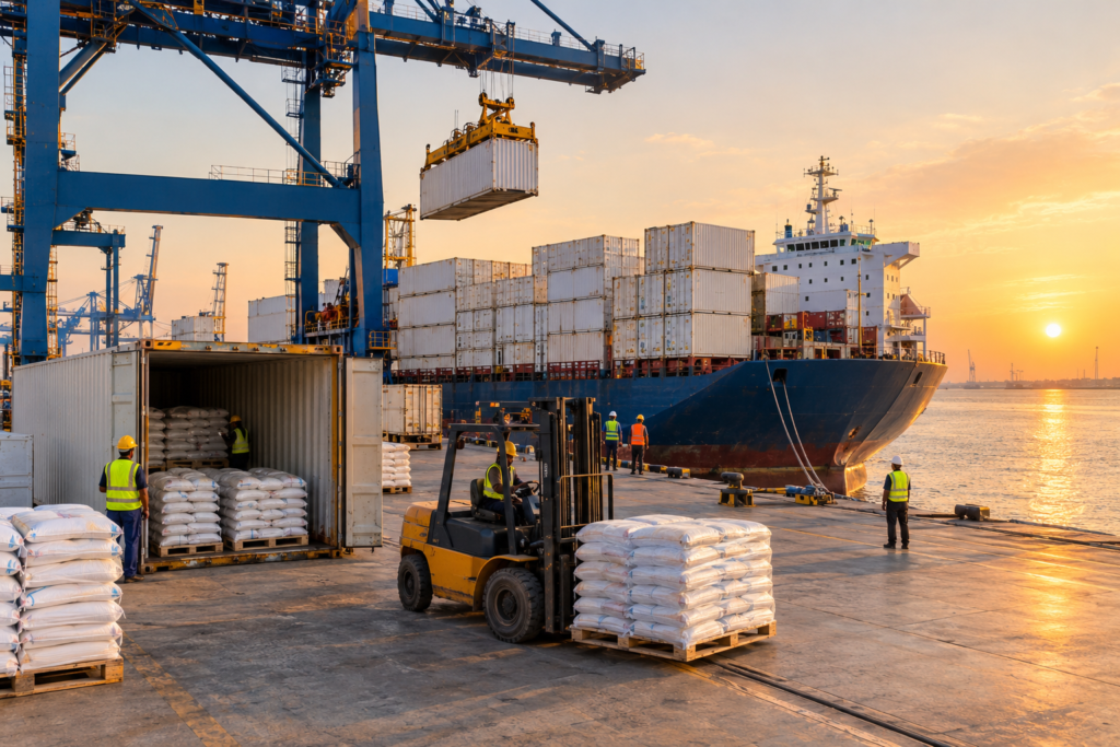 Rice sacks being loaded into containers for rice export from Pakistan at a port terminal