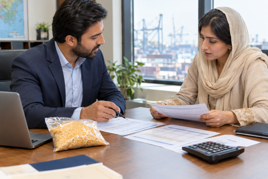 Importers comparing quotations and samples to understand corn cob meal price in Pakistan