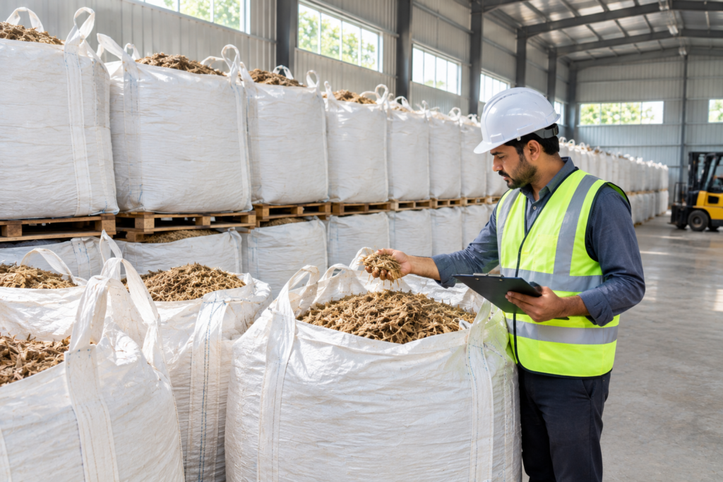 Bagged agricultural residue stored in a warehouse, representing supply from biomass suppliers in Pakistan