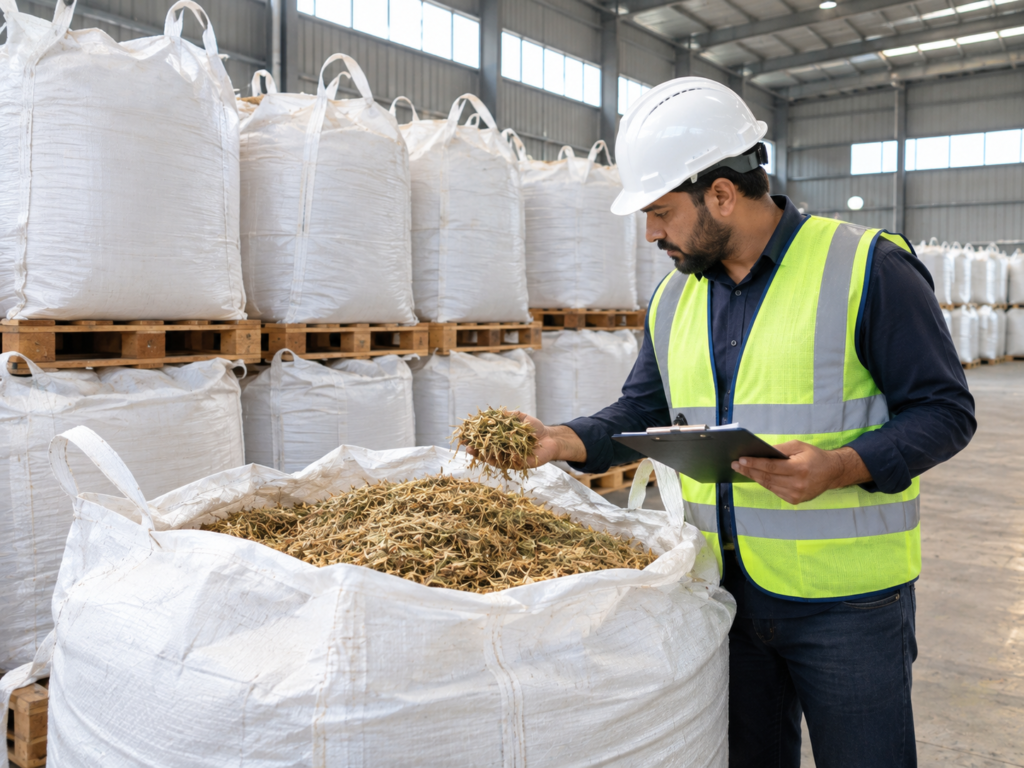 Bagged sugarcane residues in a warehouse, representing wholesale supply from sugarcane residues suppliers in Pakistan