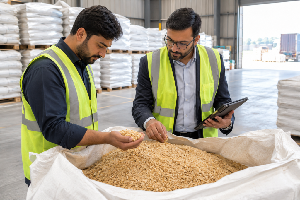 Buyer inspecting a sample of bulk corn cob meal from one of the corn cob meal suppliers in Pakistan