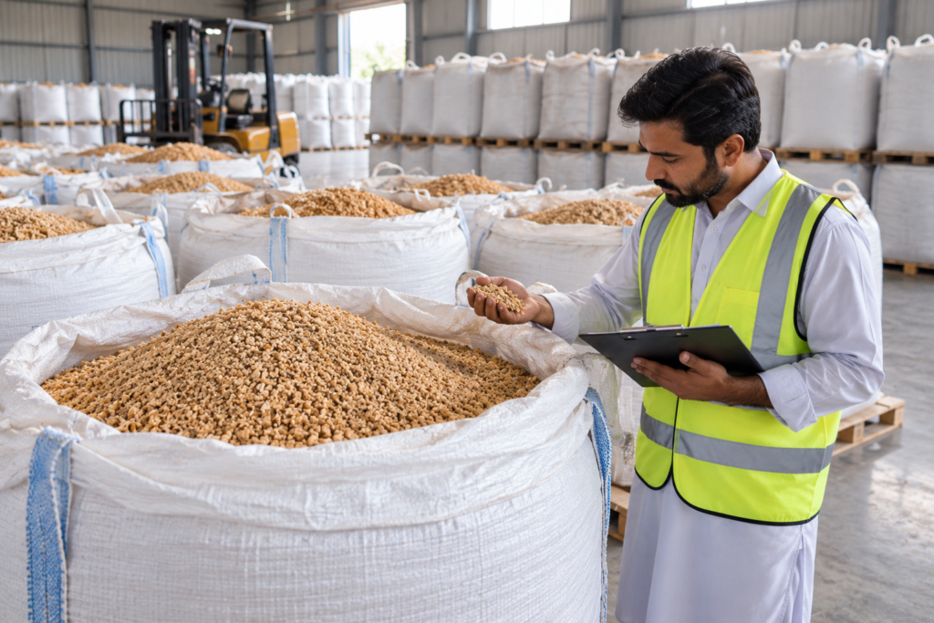 Bagged corn cob granules in a warehouse, representing wholesale supply from corn cob granule suppliers in Pakistan